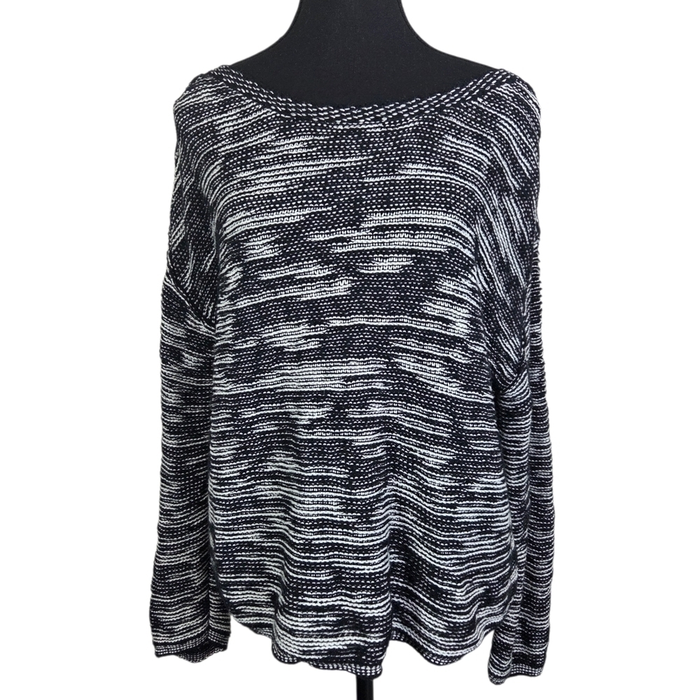 Eileen Fisher Black and White Boat Neck Organic Coton Linen Blend Knit Top Med